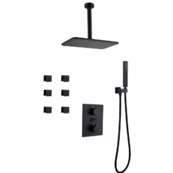 Cheap RBrohant Store 16 Matte Black Thermostatic Shower System With Temperature Display Valve And Body Jets JK0106