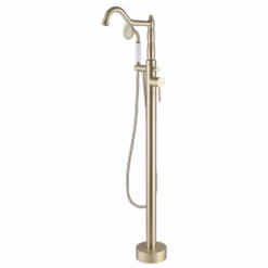 360° Swivel Freestanding Bathtub Faucet With Hand Shower Floor Mount Tub Filler Brushed Gold JK0116