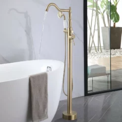 360° Swivel Freestanding Bathtub Faucet With Hand Shower Floor Mount Tub Filler Brushed Gold JK0116 -Cheap RBrohant Store JK0116 3