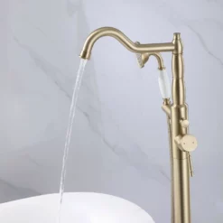 360° Swivel Freestanding Bathtub Faucet With Hand Shower Floor Mount Tub Filler Brushed Gold JK0116 -Cheap RBrohant Store JK0116 4