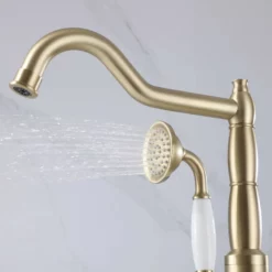 360° Swivel Freestanding Bathtub Faucet With Hand Shower Floor Mount Tub Filler Brushed Gold JK0116 -Cheap RBrohant Store JK0116 5
