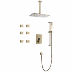 Ceiling Mount 3-Spray Patterns Thermostatic Shower System With Patterns 6-Jet Brushed Gold JK0129