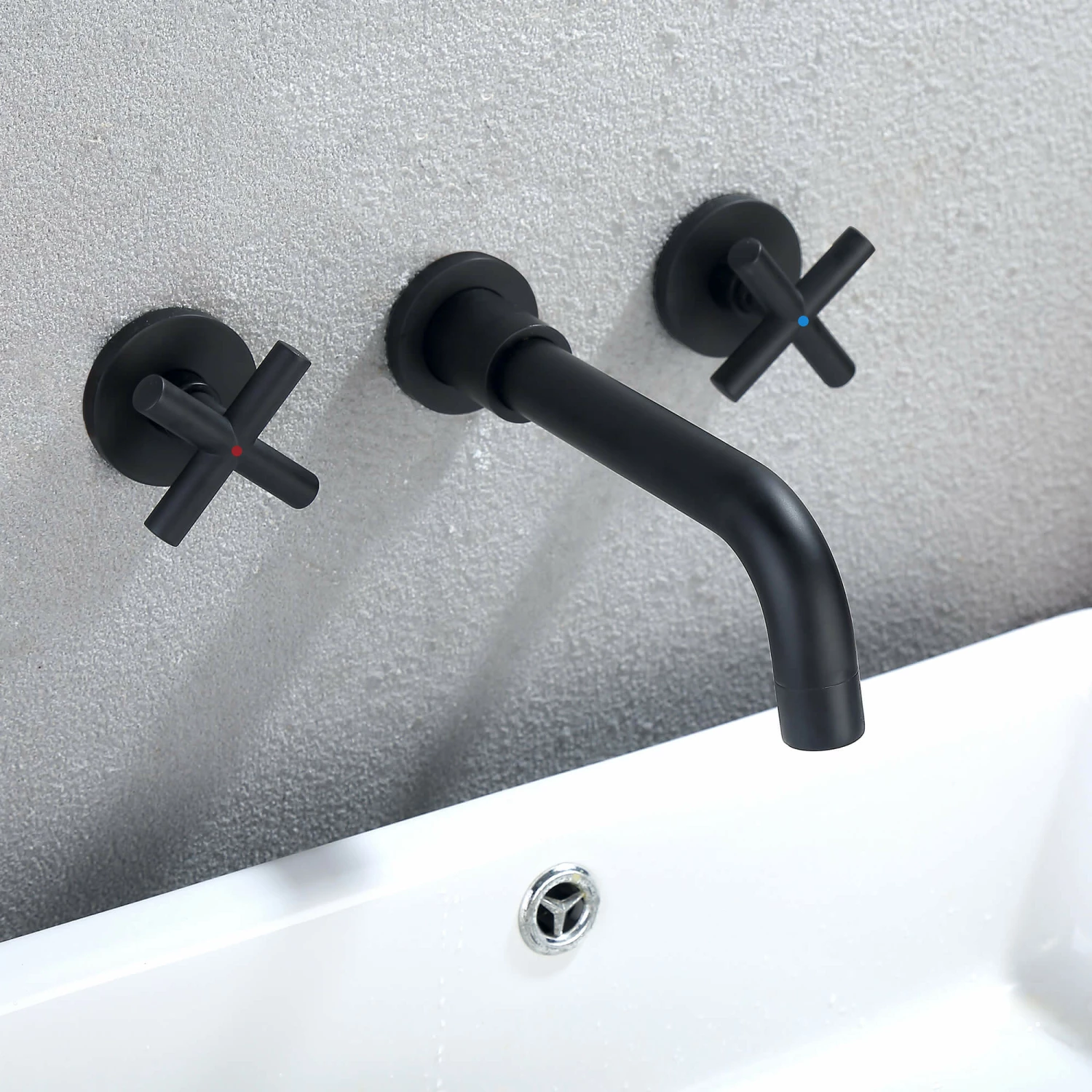 Matte Black Cross 2 Handle Wall Mount Bathroom Faucet RB0714 2 Matte Black Cross 2 Handle Wall Mount Bathroom Faucet RB0714 - Image 2