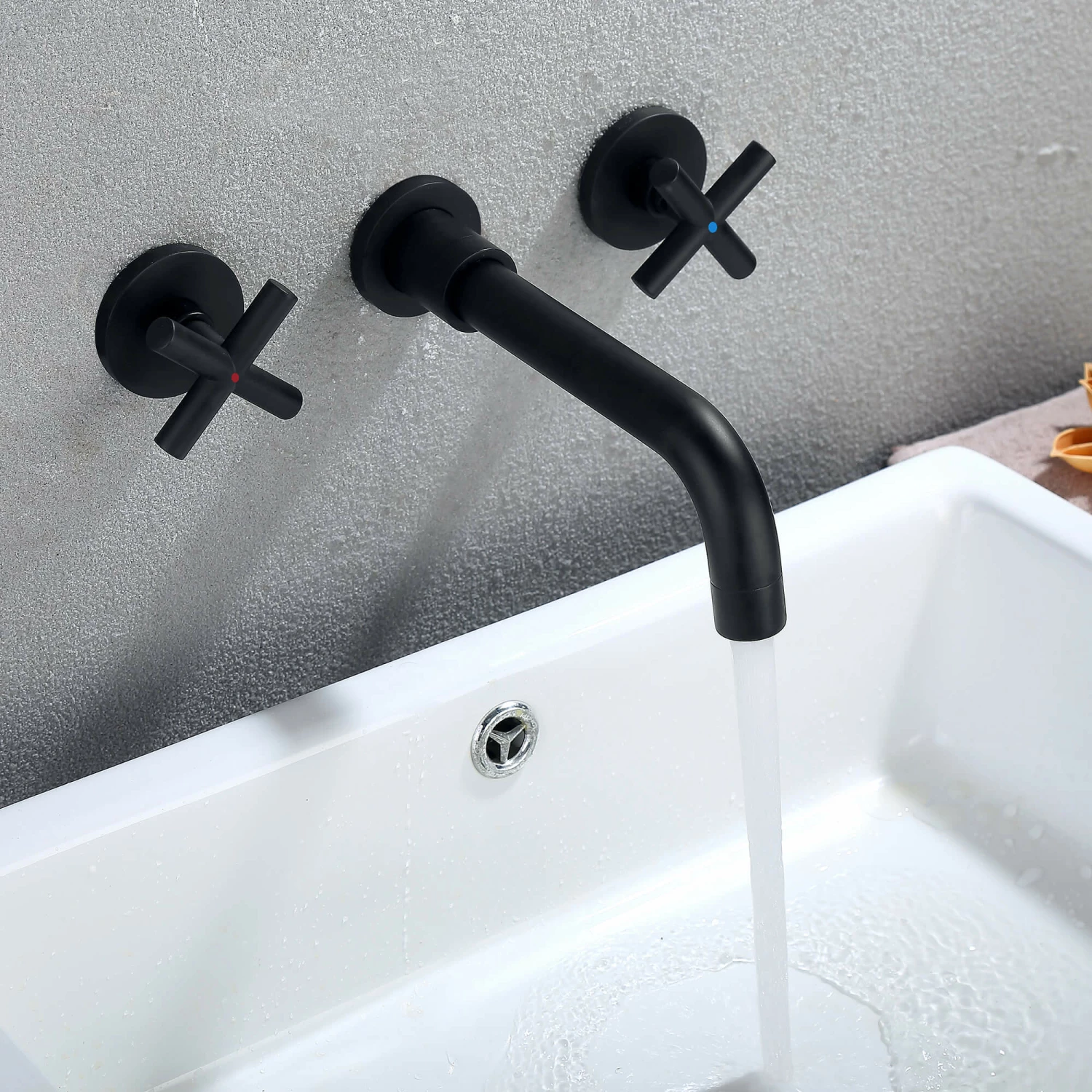 Matte Black Cross 2 Handle Wall Mount Bathroom Faucet RB0714 3 Matte Black Cross 2 Handle Wall Mount Bathroom Faucet RB0714 - Image 3