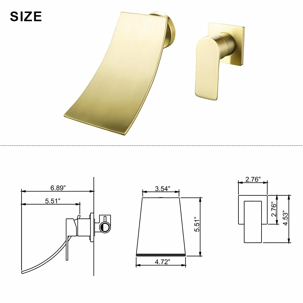 Brushed Gold Wall Mount Waterfall Spout Bathroom Sink Faucet RB1075 7 Brushed Gold Wall Mount Waterfall Spout Bathroom Sink Faucet RB1075 - Image 7