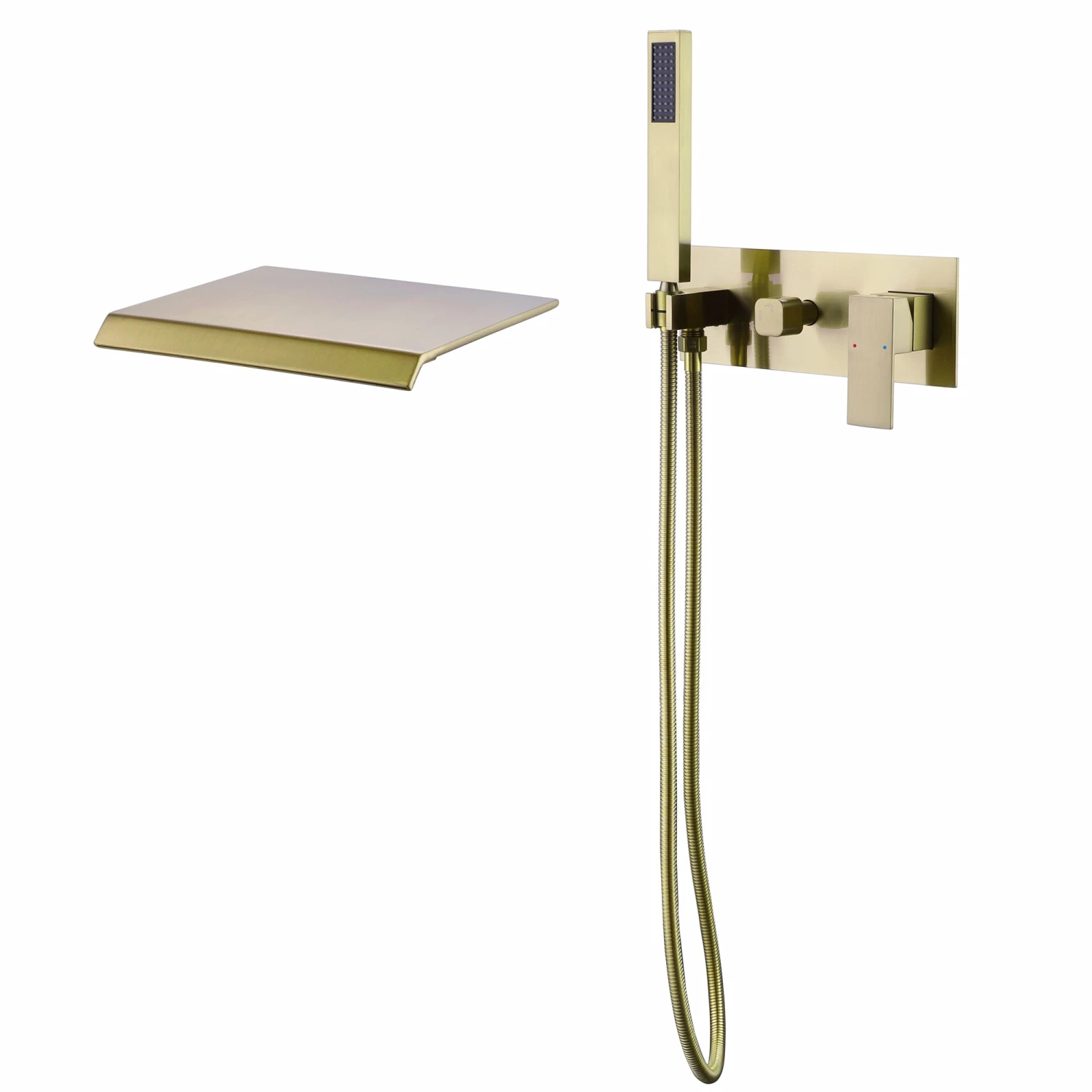 Waterfall Tub Faucet Wall Mounted Tub Filler With Hand Shower Brushed Gold RB1070 1 Waterfall Tub Faucet Wall Mounted Tub Filler With Hand Shower Brushed Gold RB1070