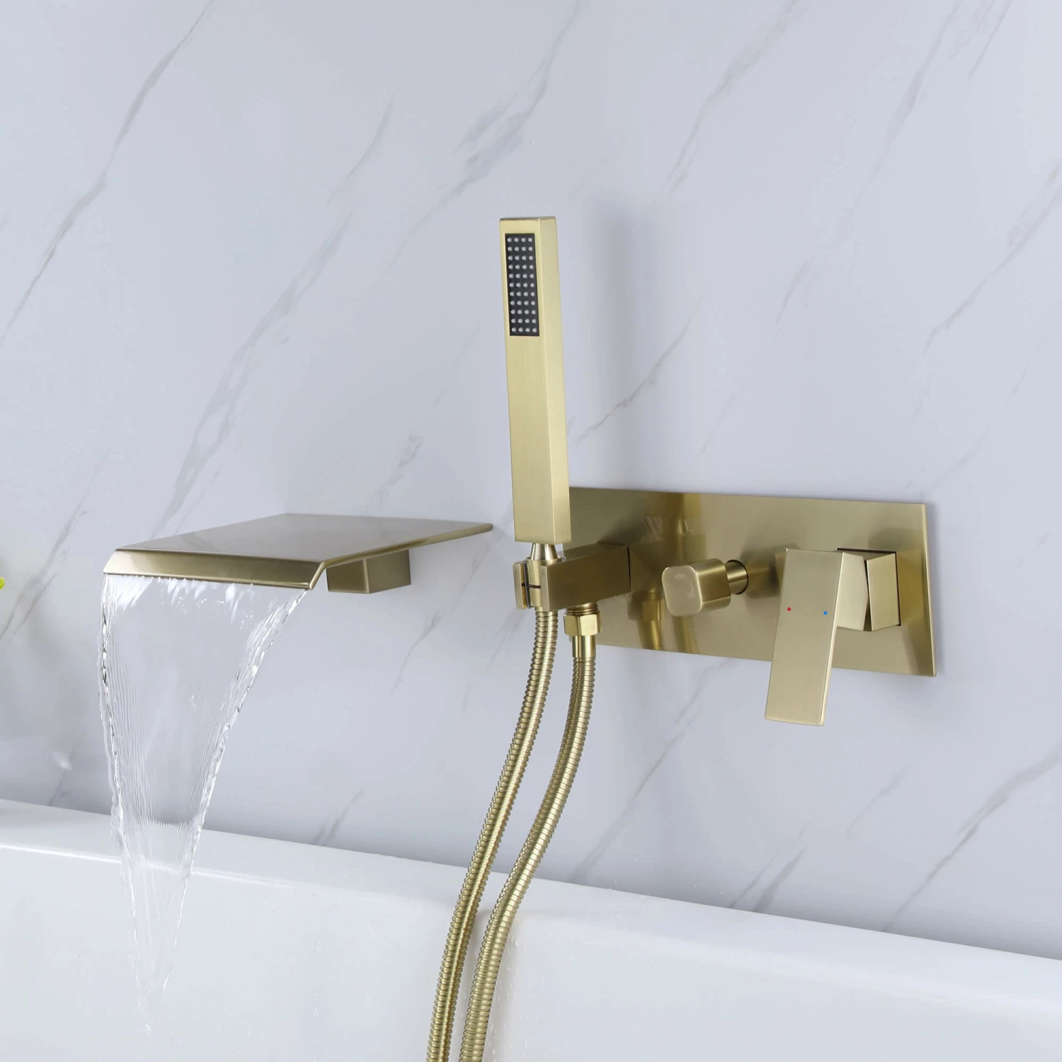 Waterfall Tub Faucet Wall Mounted Tub Filler With Hand Shower Brushed Gold RB1070 2 Waterfall Tub Faucet Wall Mounted Tub Filler With Hand Shower Brushed Gold RB1070 - Image 2