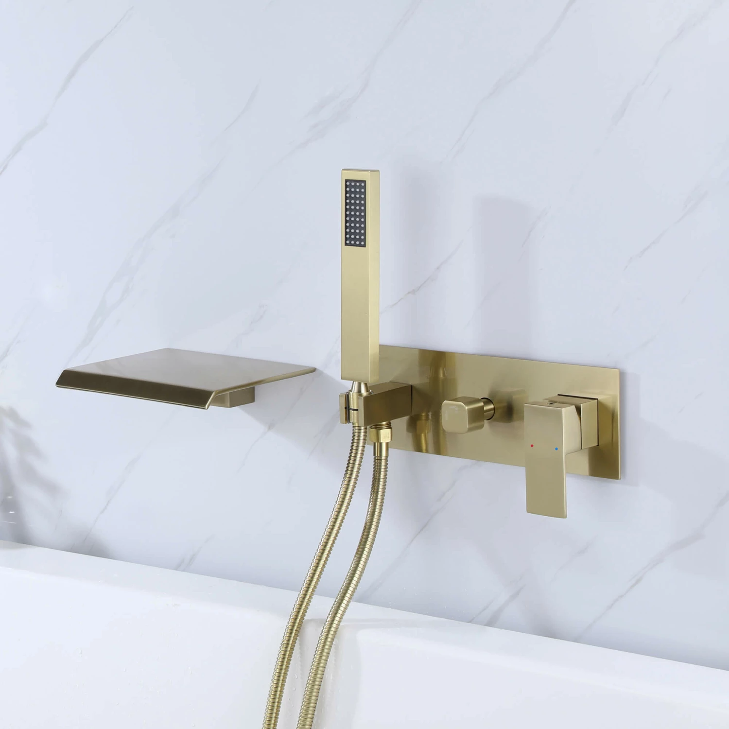 Waterfall Tub Faucet Wall Mounted Tub Filler With Hand Shower Brushed Gold RB1070 3 Waterfall Tub Faucet Wall Mounted Tub Filler With Hand Shower Brushed Gold RB1070 - Image 3