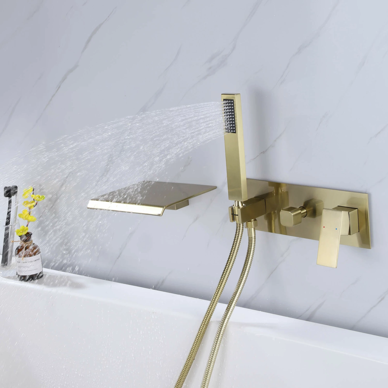 Waterfall Tub Faucet Wall Mounted Tub Filler With Hand Shower Brushed Gold RB1070 4 Waterfall Tub Faucet Wall Mounted Tub Filler With Hand Shower Brushed Gold RB1070 - Image 4