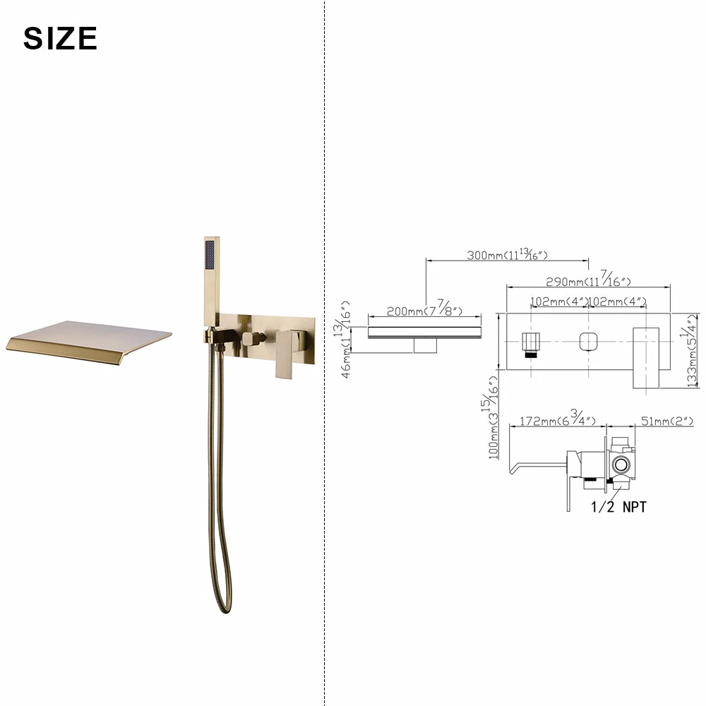 Waterfall Tub Faucet Wall Mounted Tub Filler With Hand Shower Brushed Gold RB1070 10 Waterfall Tub Faucet Wall Mounted Tub Filler With Hand Shower Brushed Gold RB1070 - Image 10