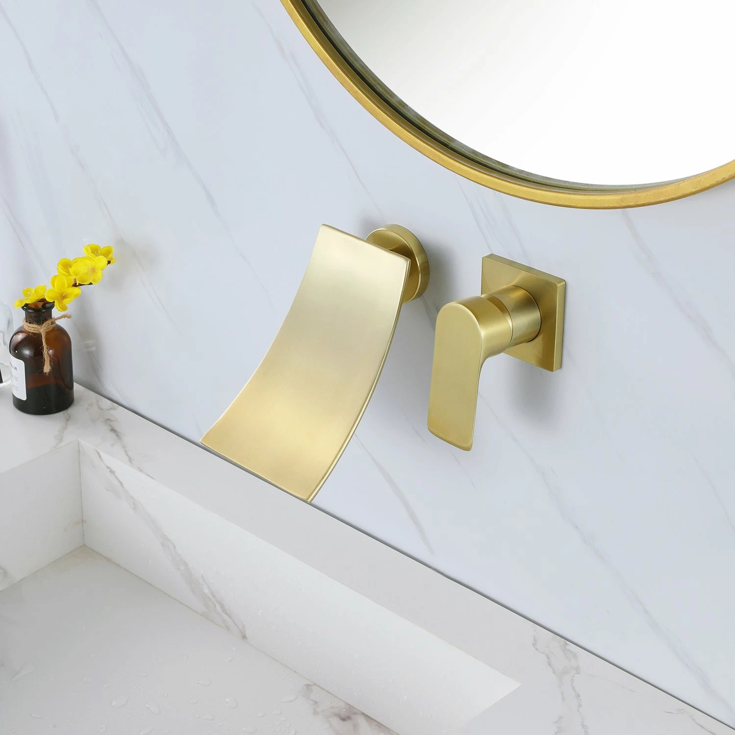 Brushed Gold Wall Mount Waterfall Spout Bathroom Sink Faucet RB1075 2 Brushed Gold Wall Mount Waterfall Spout Bathroom Sink Faucet RB1075 - Image 2