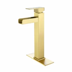 Tall Waterfall Spout Bathroom Lavatory Faucet Deck Mounted Brushed Gold RB1077