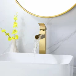Tall Waterfall Spout Bathroom Lavatory Faucet Deck Mounted Brushed Gold RB1077 -Cheap RBrohant Store RB1077 3