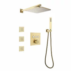 Rainfall Thermostatic Shower System With 3 PCS Body Jets Brushed Gold RB1111