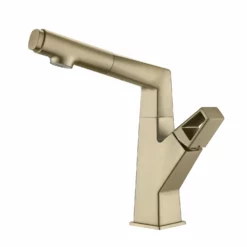 Bathroom Sink Faucet With Pull Out Sprayer Liftable Mixer Tap Brushed Gold RB1196